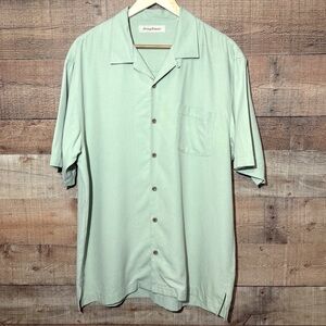 Tommy Bahama Textured Stripe Silk Camp Shirt Green Size L Beach Casual Relaxed